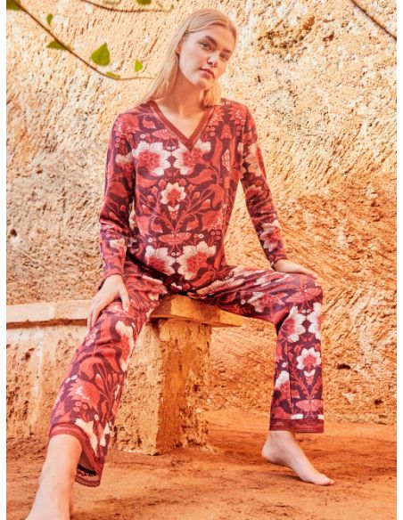 Pijama largo tejido punto elástico estampado mujer