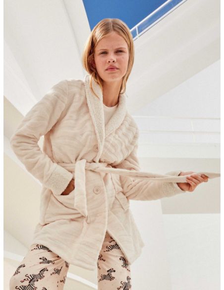 Bata larga tejido peluche abotonada