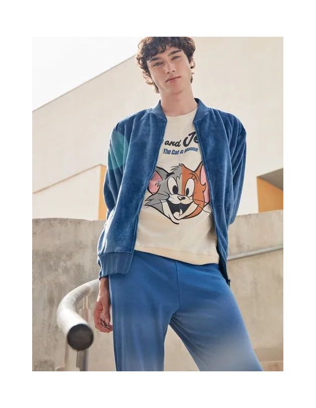 Chaqueta bomber azul de peluche hombre