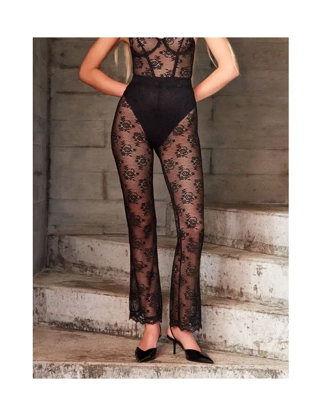 Pantalón largo elástico de encaje floral...