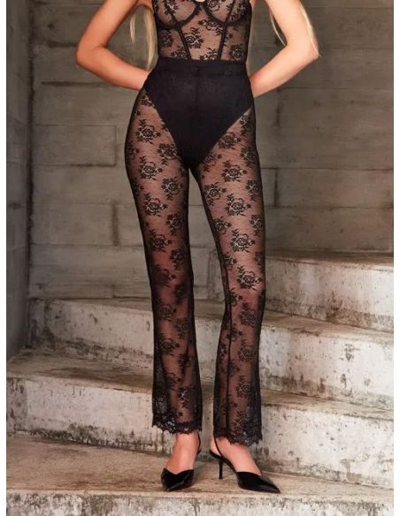 Pantalón largo elástico de encaje floral transparente y delicado