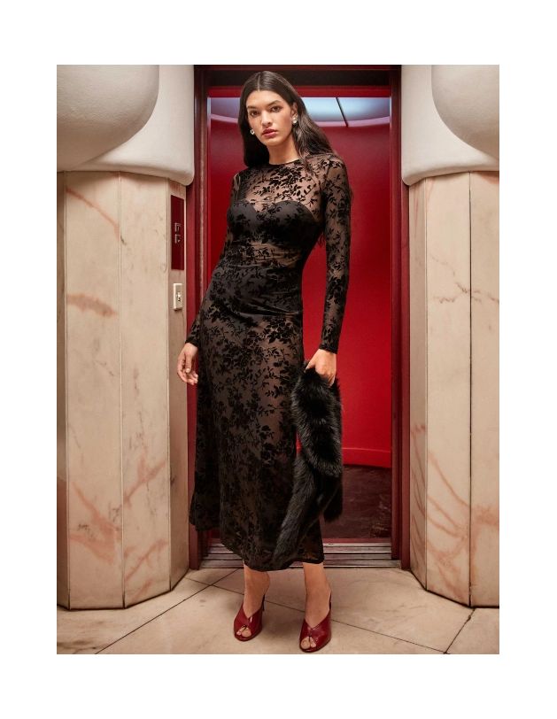 Vestido larfo flocado floral terciopelo