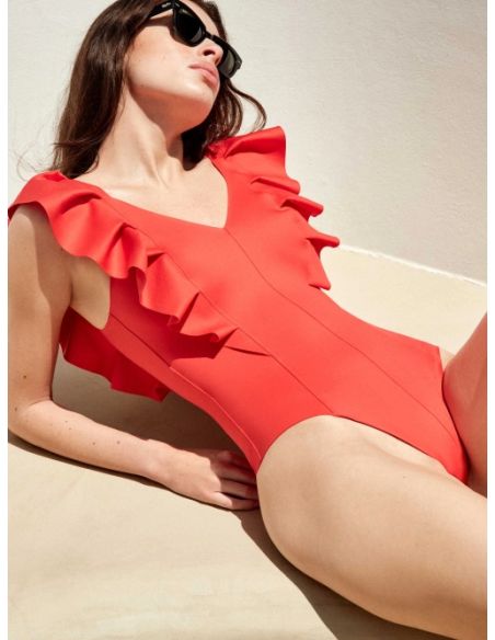 Bañador escote pico Deep Sea rojo sin aro sin foam volantes