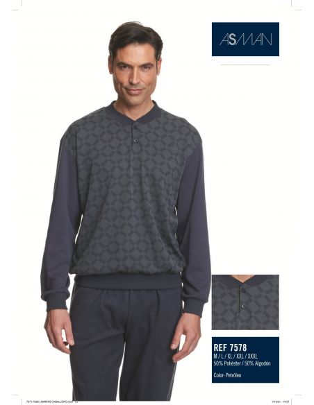 Pijama clasico cuello pico largo invierno caballero frio