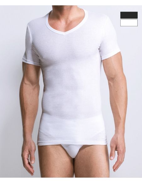 Camiseta manga corta cuello Pico punto liso 100% algodon